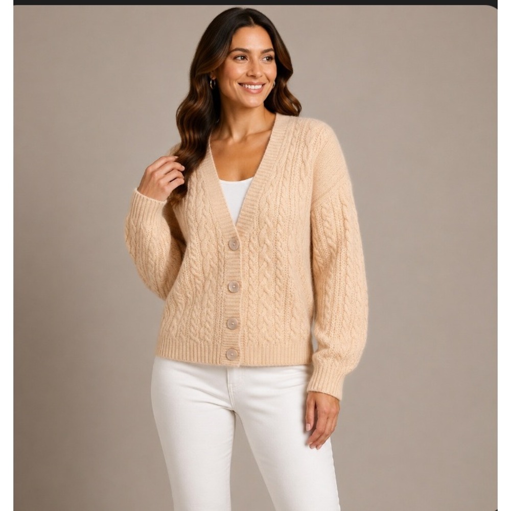 Pringle Scotland‎ Cardigan Sweater Women Large Peach Cable Knit Angora Wool VTG
